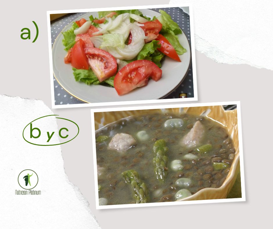 Ensalada de lechuga con cebolla y tomate con lentejas a la jardinera con magro de cerdo.